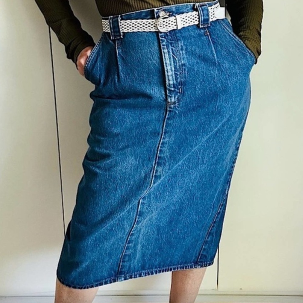 Y2K Denim Pencil Skirt Midi Length Pocket Medium wash Size 10 Made in USA